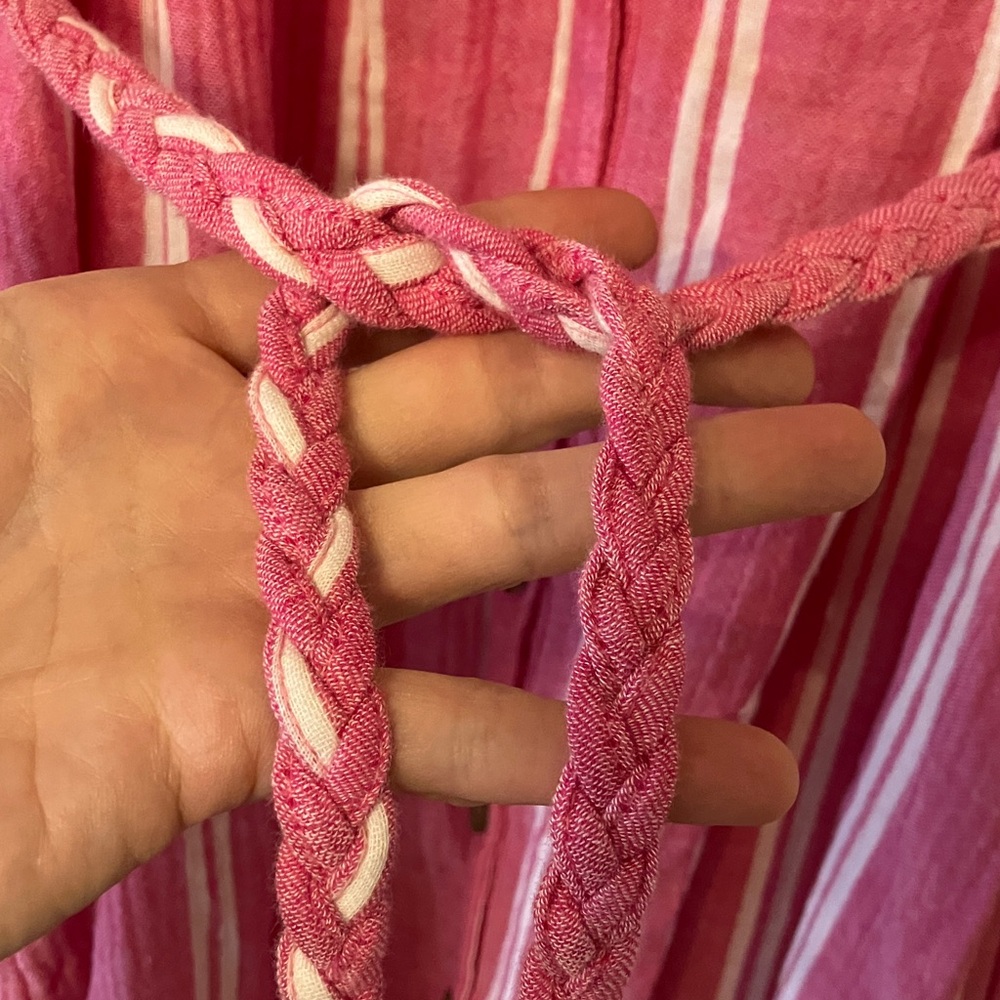 Pink white stripe cotton gauze midi maxi dress XS pockets removable belt - Picture 9 of 11
